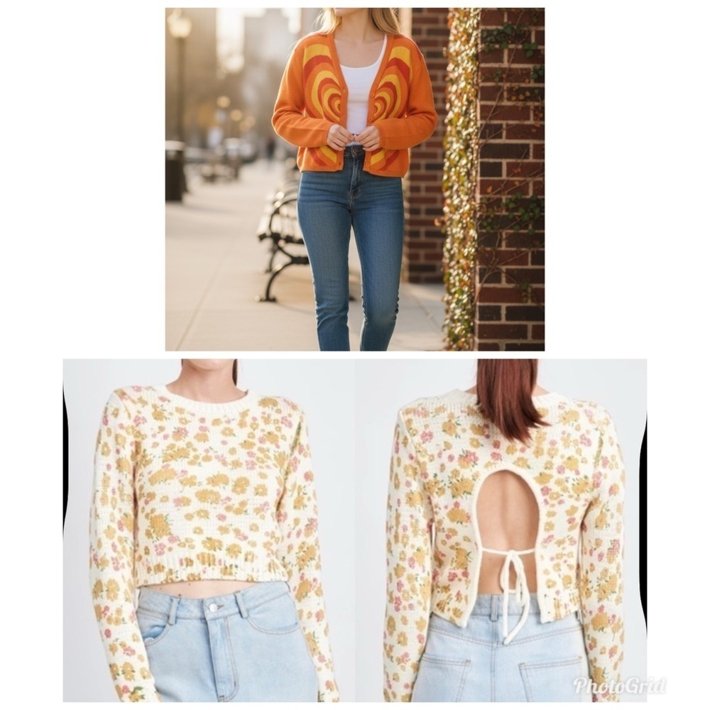 Lot of 2 Molly Green Sweaters Size Medium | Floral Open Back Knit + Retro Heart